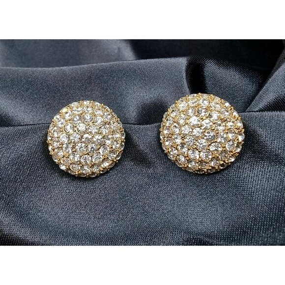 Rare Find Vintage 1980s Nina Ricci Gold-Tone Crystal Pave Round Clip-On Earrings - Picture 3 of 3